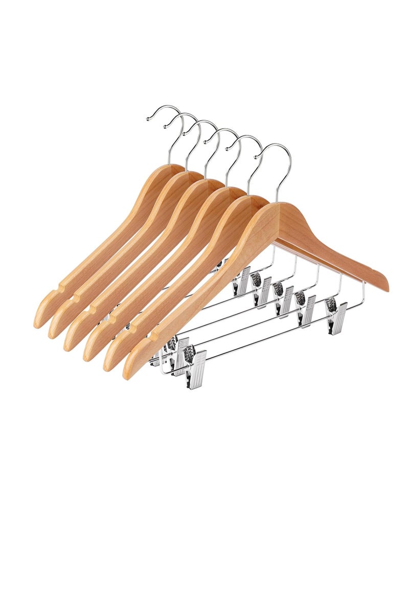 Wooden Pants Hangers with Metal Clips, 10 Pack Premium Solid Wood Hangers, Adjustable Heavy Duty Clothes Hangers with 360° Swivel Hook, for Pants, Suits, Coats, Skirts, Jeans - Natural Wood  - Image 1