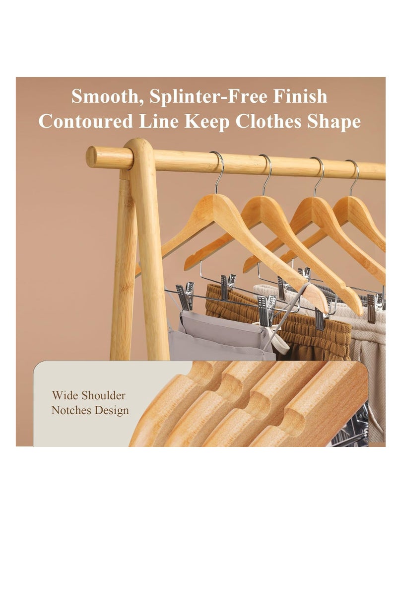 Wooden Pants Hangers with Metal Clips, 10 Pack Premium Solid Wood Hangers, Adjustable Heavy Duty Clothes Hangers with 360° Swivel Hook, for Pants, Suits, Coats, Skirts, Jeans - Natural Wood  - Image 2