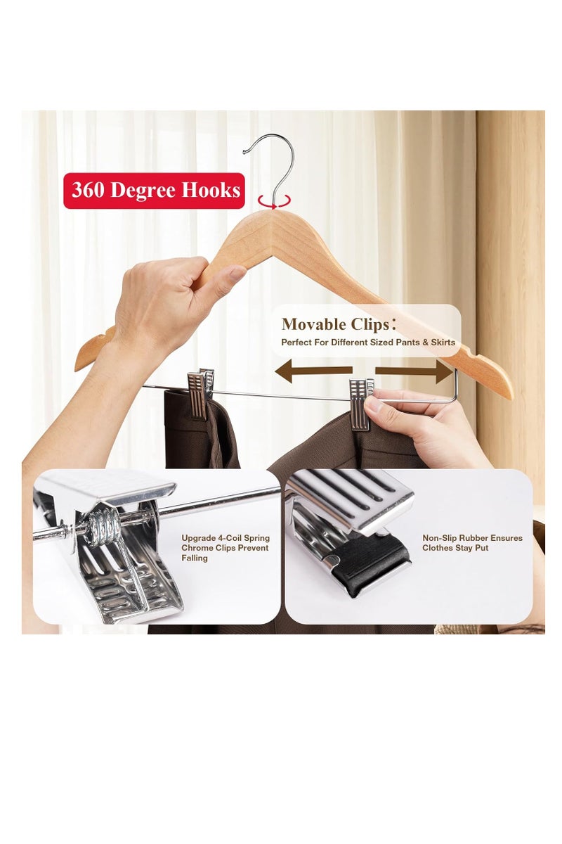 Wooden Pants Hangers with Metal Clips, 10 Pack Premium Solid Wood Hangers, Adjustable Heavy Duty Clothes Hangers with 360° Swivel Hook, for Pants, Suits, Coats, Skirts, Jeans - Natural Wood  - Image 3