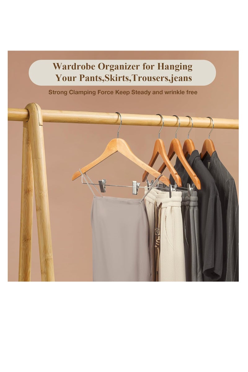 Wooden Pants Hangers with Metal Clips, 10 Pack Premium Solid Wood Hangers, Adjustable Heavy Duty Clothes Hangers with 360° Swivel Hook, for Pants, Suits, Coats, Skirts, Jeans - Natural Wood  - Image 4
