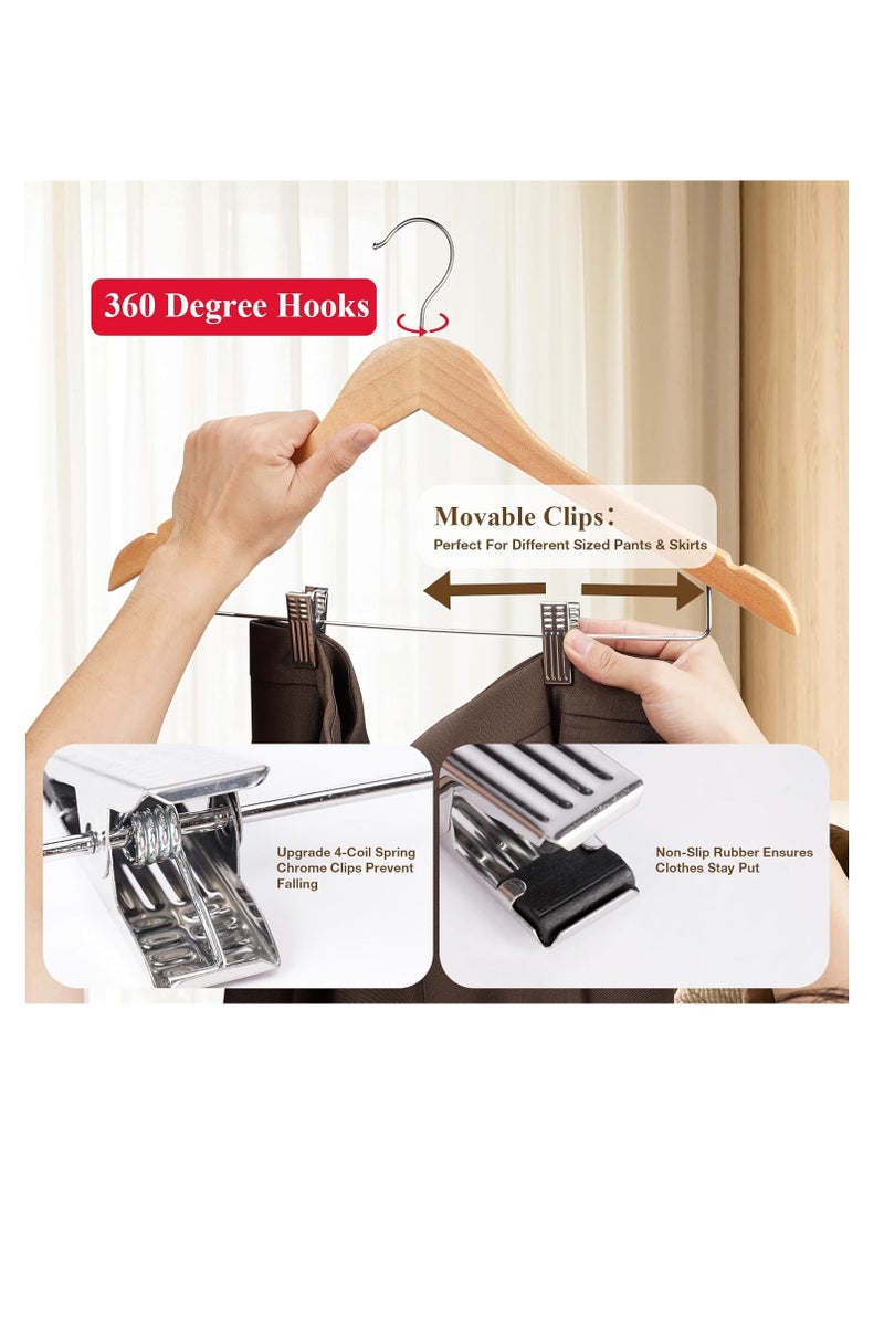 Wooden Pants Hangers with Metal Clips, 10 Pack Premium Solid Wood Hangers, Adjustable Heavy Duty Clothes Hangers with 360° Swivel Hook, for Pants, Suits, Coats, Skirts, Jeans - Natural Wood  - Image 5