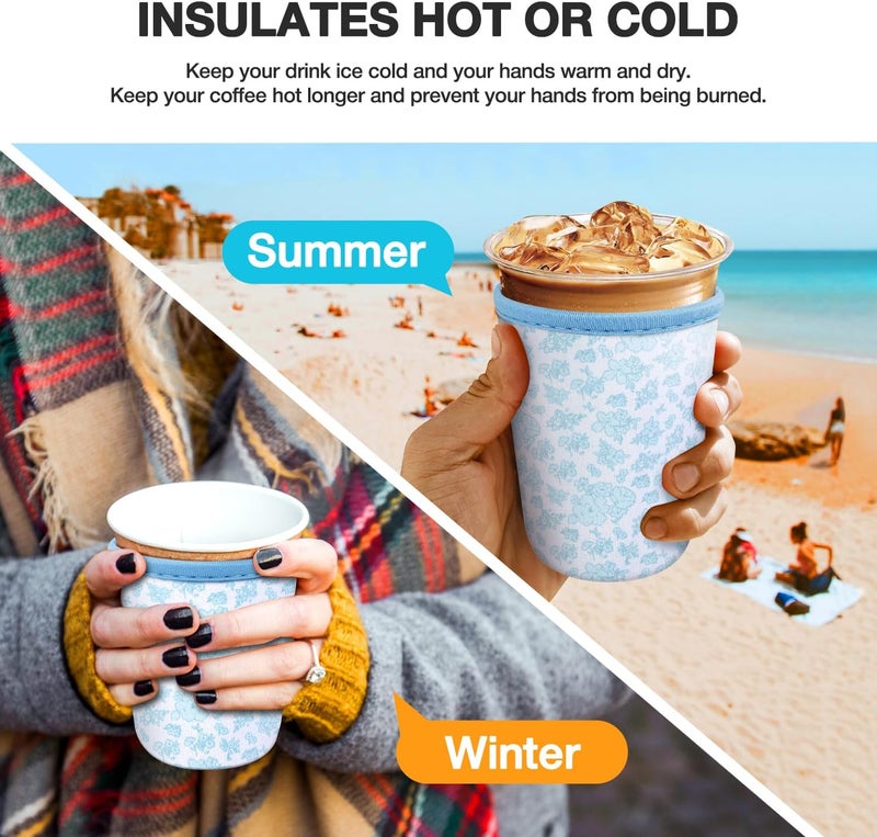 KPX Iced Coffee Cup Sleeve for Large Sized Cups, Reusable Neoprene Iced Coffee Cup Holder for Hot Cold Drinks, Compatible with Starbucks, Dunkin Donuts, and More (Blue Floral Print) - Image 4