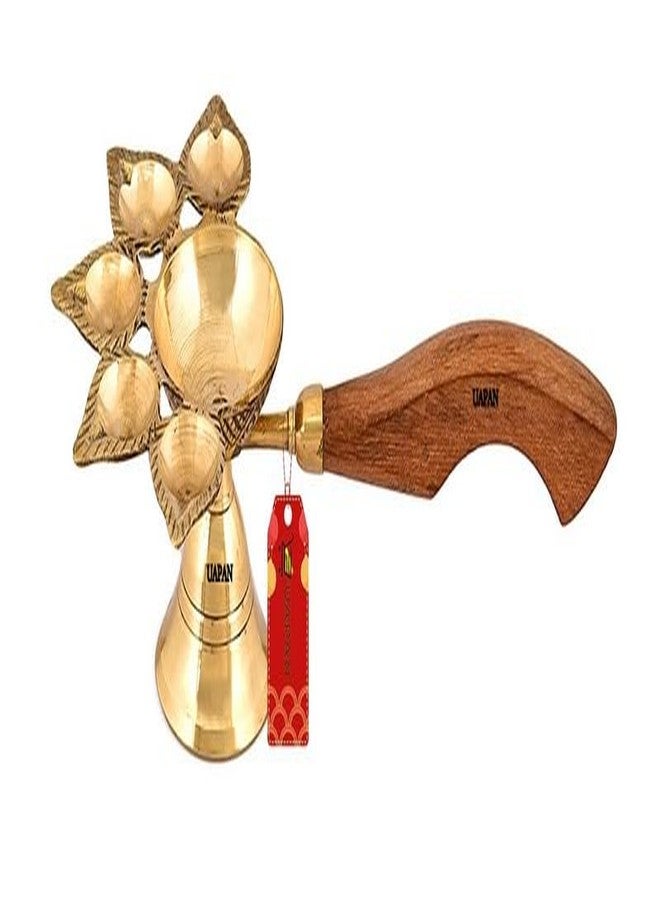 UAPAN Brass Pancharti Diya Oil Lamp Pach Aarti Deepak with Wooden Handle Pancharti Diya Panchmukhi Diya with in Goden Colour for Home Temple, Diwali and Others Occasion - Image 1