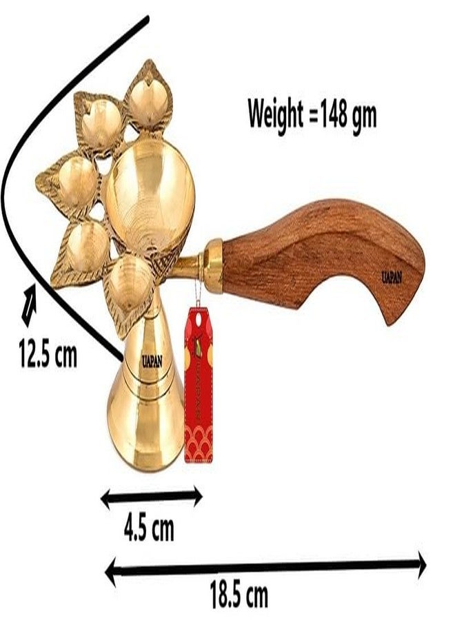 UAPAN Brass Pancharti Diya Oil Lamp Pach Aarti Deepak with Wooden Handle Pancharti Diya Panchmukhi Diya with in Goden Colour for Home Temple, Diwali and Others Occasion - Image 2
