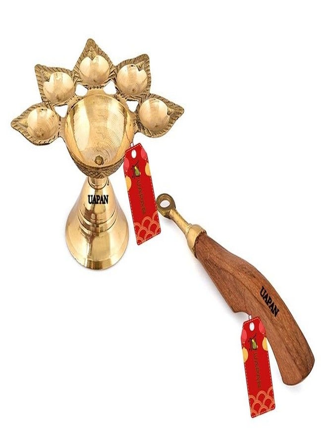 UAPAN Brass Pancharti Diya Oil Lamp Pach Aarti Deepak with Wooden Handle Pancharti Diya Panchmukhi Diya with in Goden Colour for Home Temple, Diwali and Others Occasion - Image 3