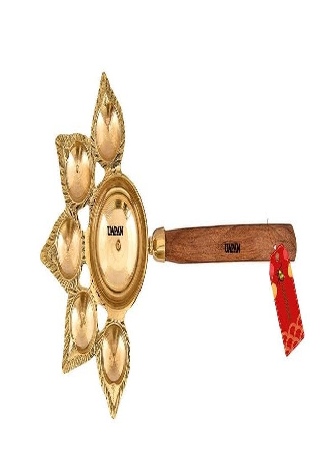 UAPAN Brass Pancharti Diya Oil Lamp Pach Aarti Deepak with Wooden Handle Pancharti Diya Panchmukhi Diya with in Goden Colour for Home Temple, Diwali and Others Occasion - Image 4