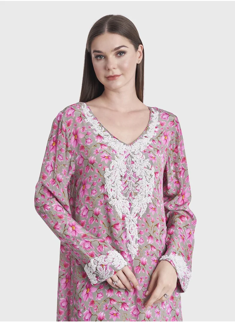 KASHKHA Floral Printed Viscose Crepe Jalabiya with Lulu Work