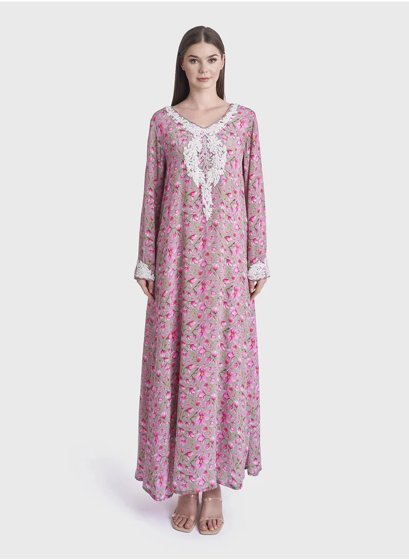 KASHKHA Floral Printed Viscose Crepe Jalabiya with Lulu Work