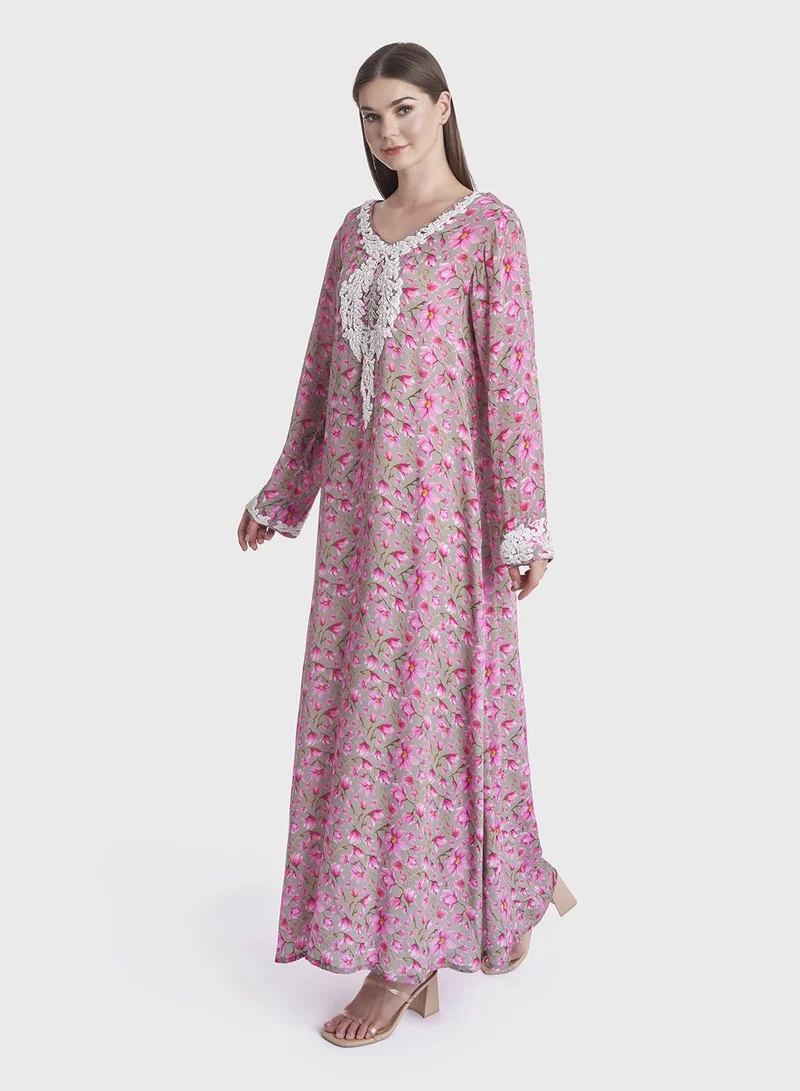 KASHKHA Floral Printed Viscose Crepe Jalabiya with Lulu Work