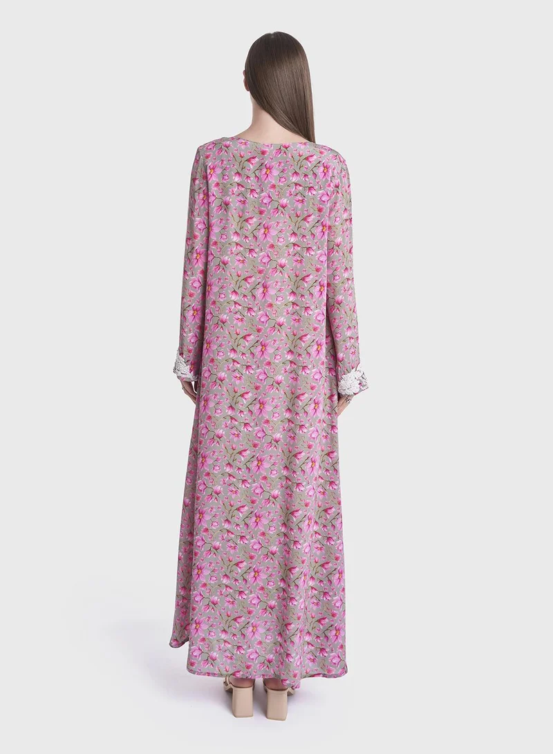 KASHKHA Floral Printed Viscose Crepe Jalabiya with Lulu Work