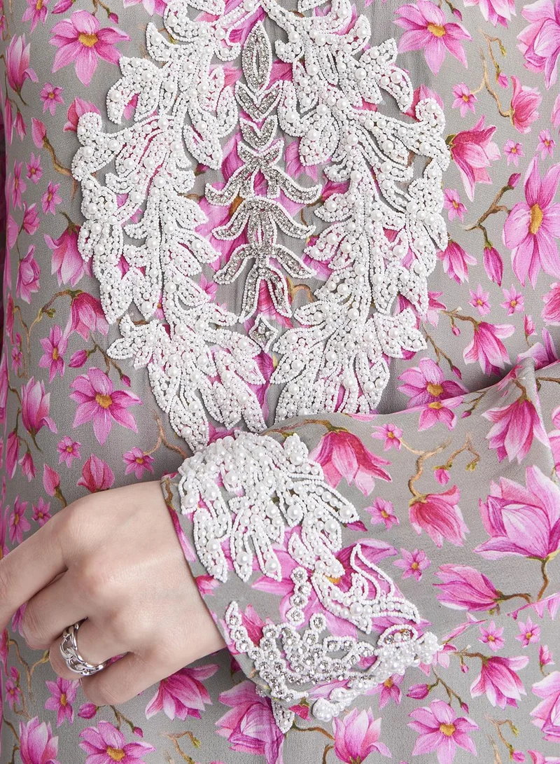 KASHKHA Floral Printed Viscose Crepe Jalabiya with Lulu Work