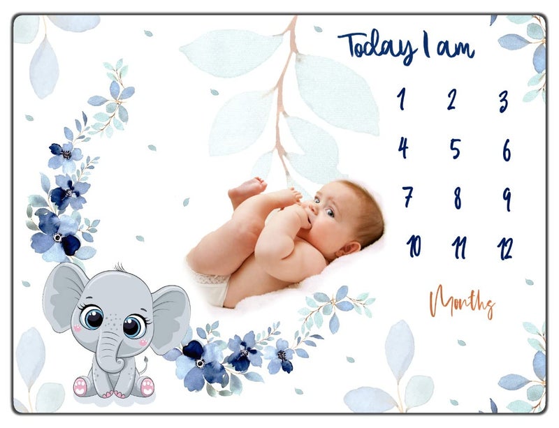 ROITIX Monthly Blankets Soft Floral Memory Blankets Girls Boys Cute Photo Background Blankets White (Elephant) - Image 1