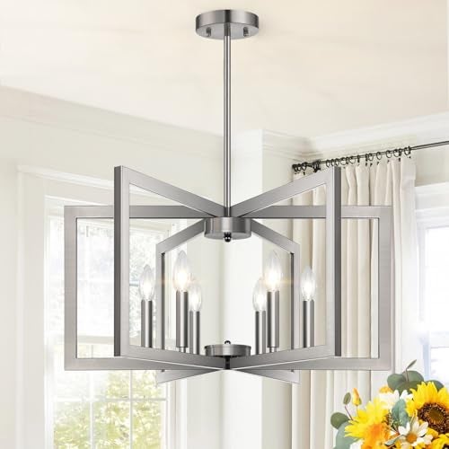 Lynnoland 25" Modern Brushed Nickel Chandelier for Dining Room, No Assembly Required Brushed Nickel Dining Room Light Fixture Over Table, Industrial Metal Hanging Pendant Lights Fixture for Kitchen Island - Image 4