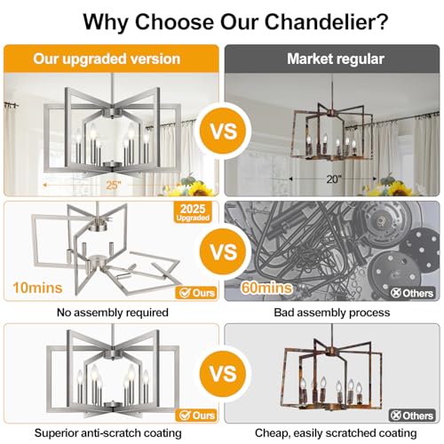 Lynnoland 25" Modern Brushed Nickel Chandelier for Dining Room, No Assembly Required Brushed Nickel Dining Room Light Fixture Over Table, Industrial Metal Hanging Pendant Lights Fixture for Kitchen Island - Image 2