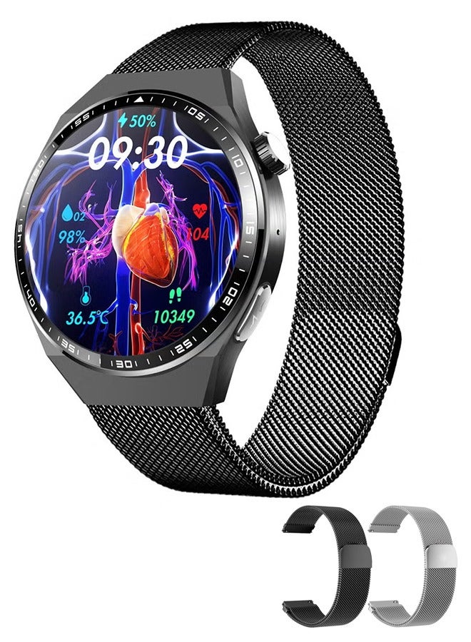 Non-invasive Blood Glucose Sugar Medical Smart Watch: ECG + Glucose/Uric Acid/Lipids Monitor | Body Fat/Muscle/Water Analysis | 1.55" Arabic Display | Blood Oxygen | 150+ Sports Modes | For Android/ios  |FreeGift Milanese strap (Black/Silver) - Image 1