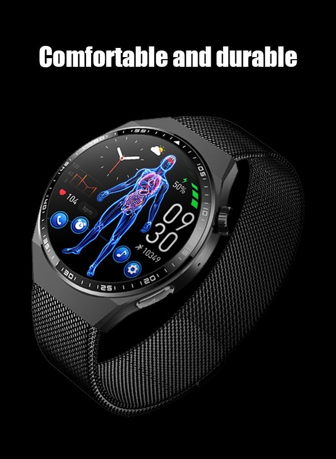 Non-invasive Blood Glucose Sugar Medical Smart Watch: ECG + Glucose/Uric Acid/Lipids Monitor | Body Fat/Muscle/Water Analysis | 1.55" Arabic Display | Blood Oxygen | 150+ Sports Modes | For Android/ios  |FreeGift Milanese strap (Black/Silver) - Image 2