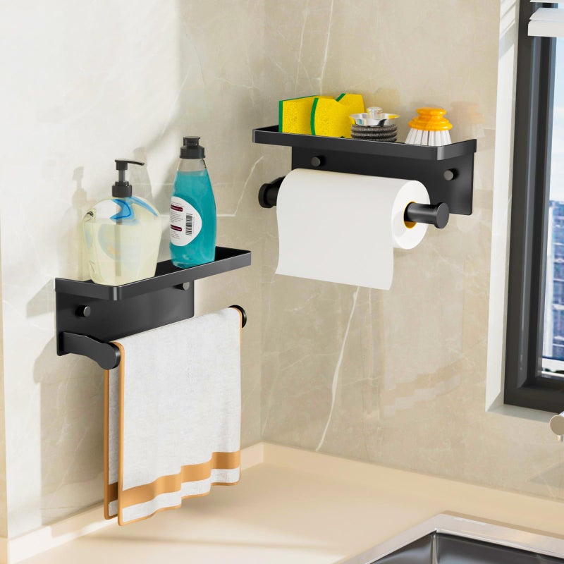 Dr.DJ Black Paper Towel Holder with Shelf, Wall Mount Paper Towel Holder for Bathroom Kitchen, Hand Towel Rack Holder,Paper Roll Holder with Self Adhesive & Screw,RV - Image 5