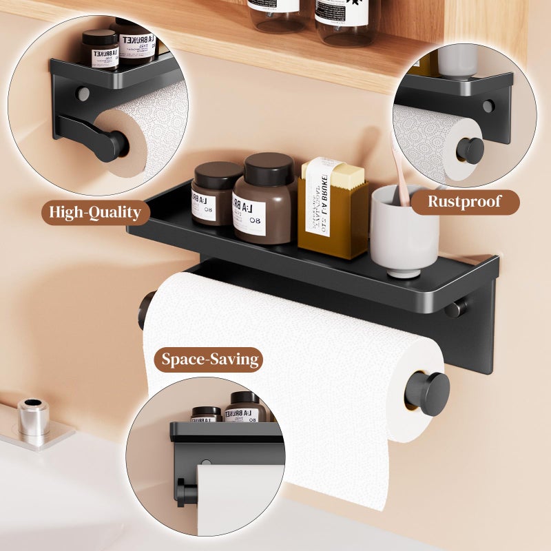 Dr.DJ Black Paper Towel Holder with Shelf, Wall Mount Paper Towel Holder for Bathroom Kitchen, Hand Towel Rack Holder,Paper Roll Holder with Self Adhesive & Screw,RV - Image 2