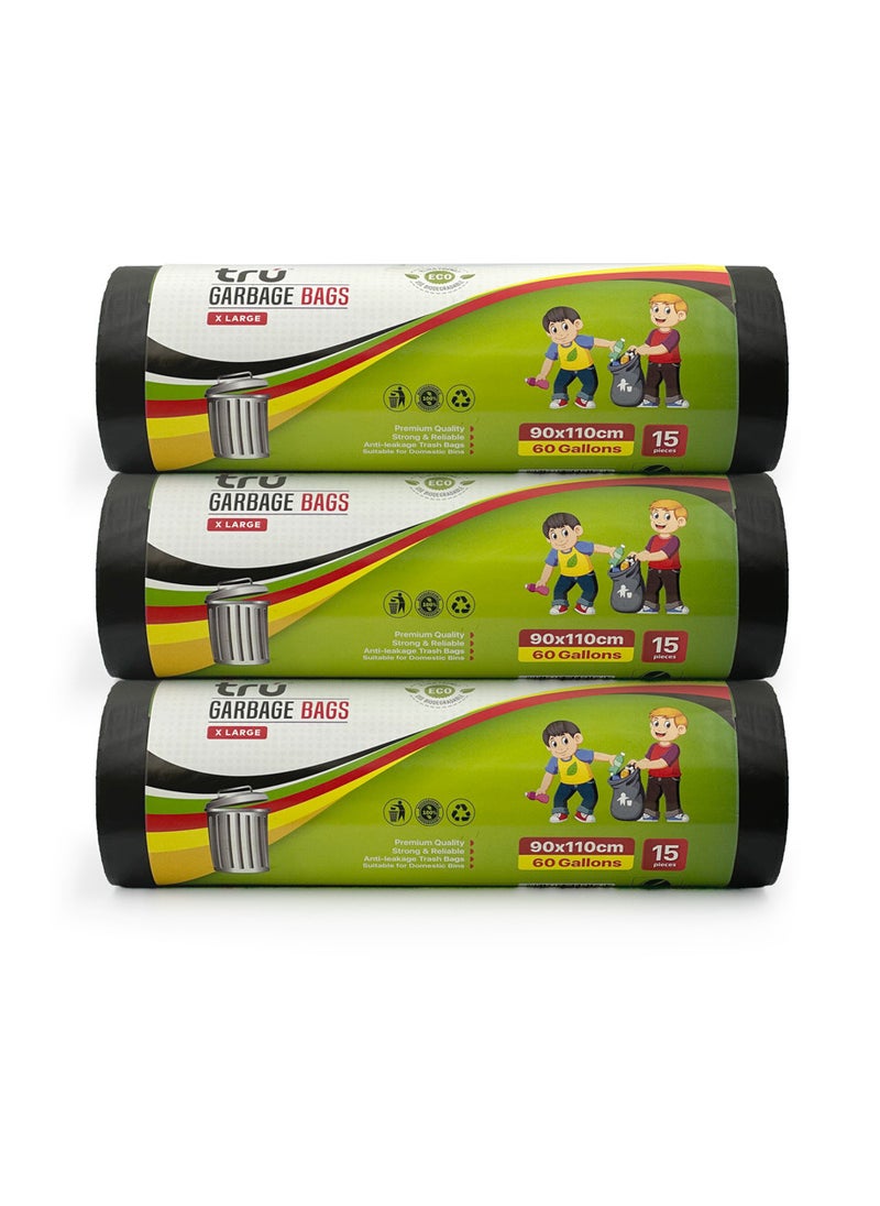 Tru Garbage Bags Compact Roll Black 90x110cm 60Gallon (15pc x 3 Rolls) 45bags  - Image 1