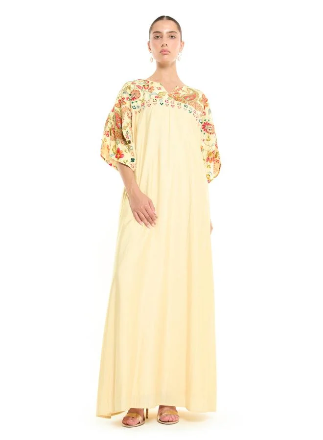 Thouq Cream A-Line Maxi Jalabiya with Floral Embroidery