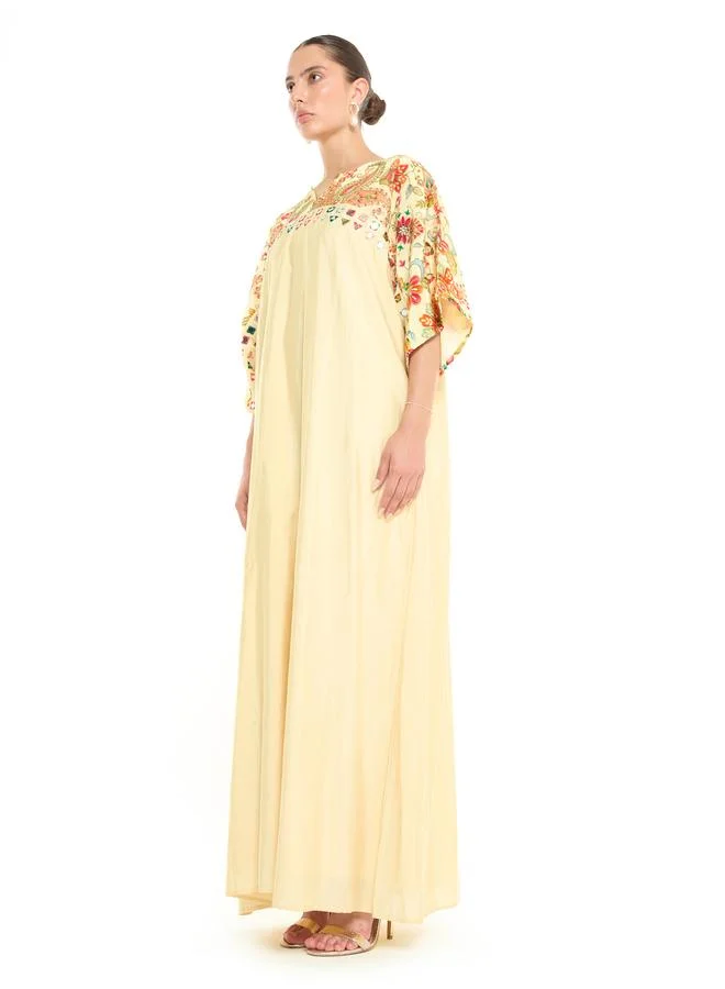 Thouq Cream A-Line Maxi Jalabiya with Floral Embroidery