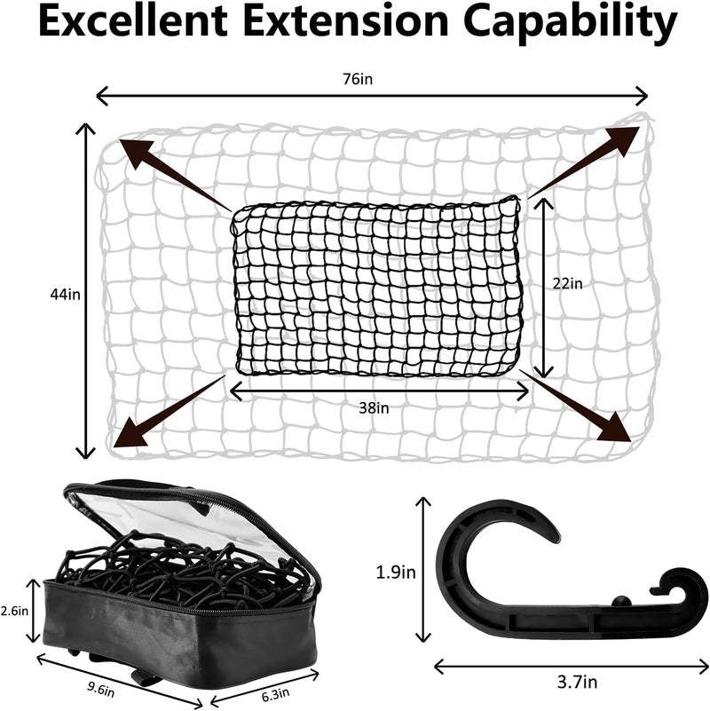 Funmit 22"x38" Cargo Net Stretches to 44"x76", Latex Bungee Cargo Net with 2"X2" Small Mesh and 12 Adjustable Plastic Hooks, for Car ATV Boat SUV Van Trailer Snowmobile (Black) - Image 2