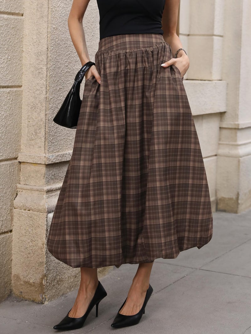 ELLEVEN Womens Bubble Maxi Long Skirt with Pockets Flowy Puffy Hem Elastic Waist Casual Lightweight Balloon Skirt Y2k Elegant Ruffle A-Line Classic Skirt Spring Summer 2026 Brown Plaid Print Medium - Image 2