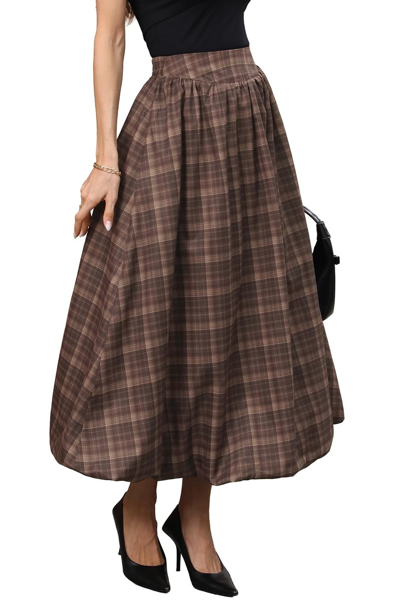 ELLEVEN Womens Bubble Maxi Long Skirt with Pockets Flowy Puffy Hem Elastic Waist Casual Lightweight Balloon Skirt Y2k Elegant Ruffle A-Line Classic Skirt Spring Summer 2026 Brown Plaid Print Medium - Image 1