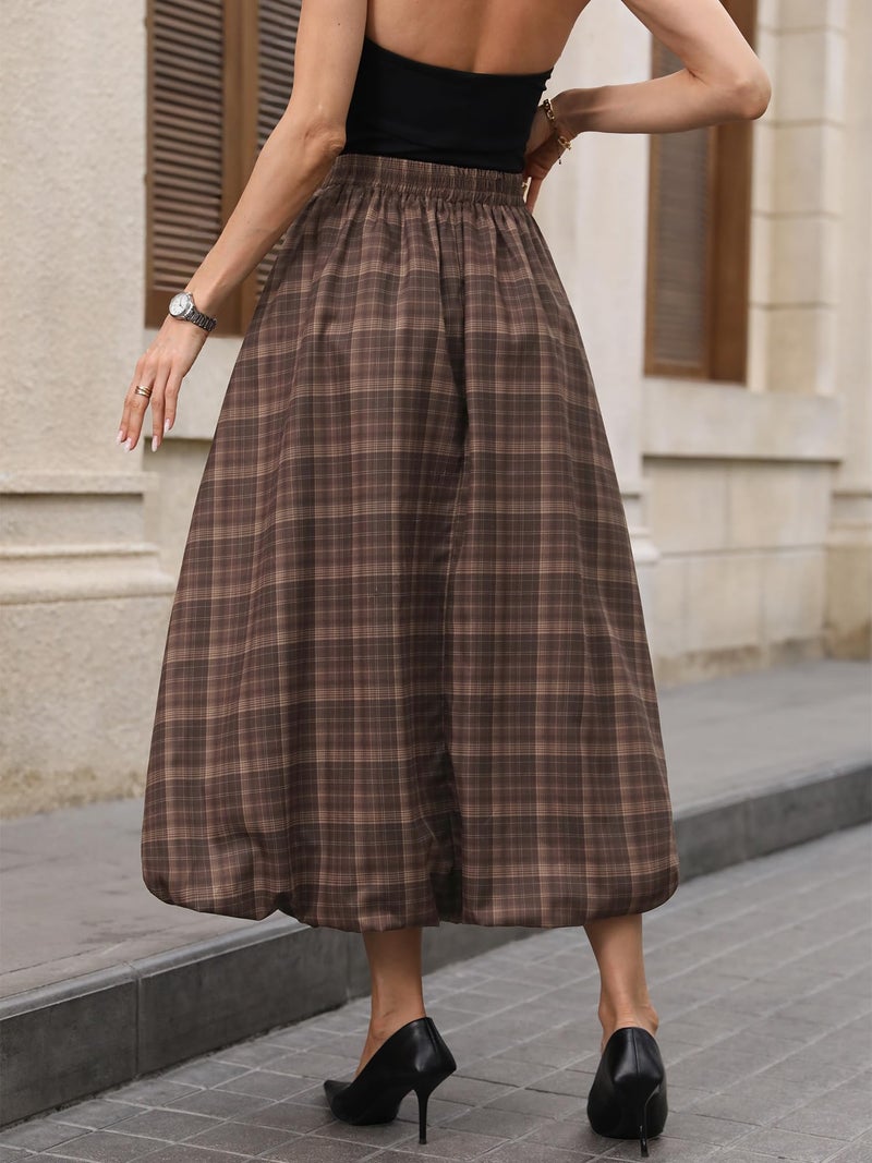 ELLEVEN Womens Bubble Maxi Long Skirt with Pockets Flowy Puffy Hem Elastic Waist Casual Lightweight Balloon Skirt Y2k Elegant Ruffle A-Line Classic Skirt Spring Summer 2026 Brown Plaid Print Medium - Image 3