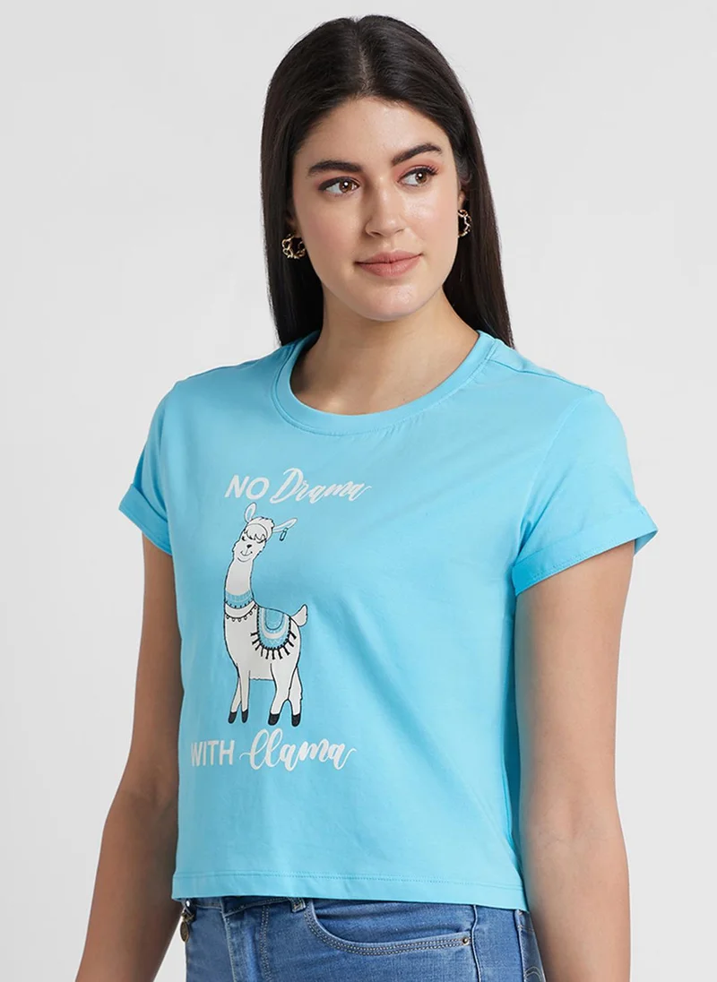 globus Globus Women Turquoise Blue Graphic Printed Pure Cotton Crop T-Shirt