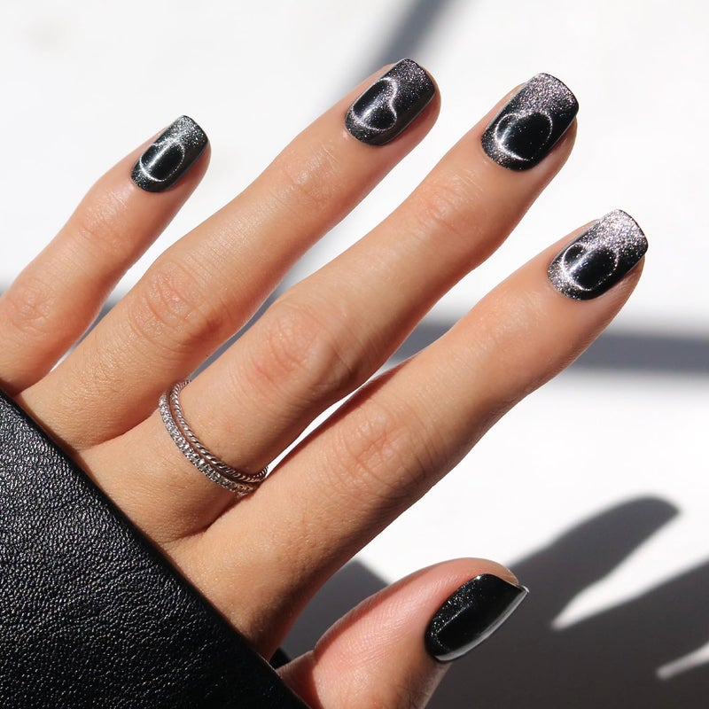 Glamnetic Valentines Day Glamnetic Press On Nails - Midnight Romance | Short Squoval Black Fake Nails with Magnetic Cat-Eye Design & Finish, Salon Quality | 15 Sizes - 30 Nail Kit with Glue - Image 1