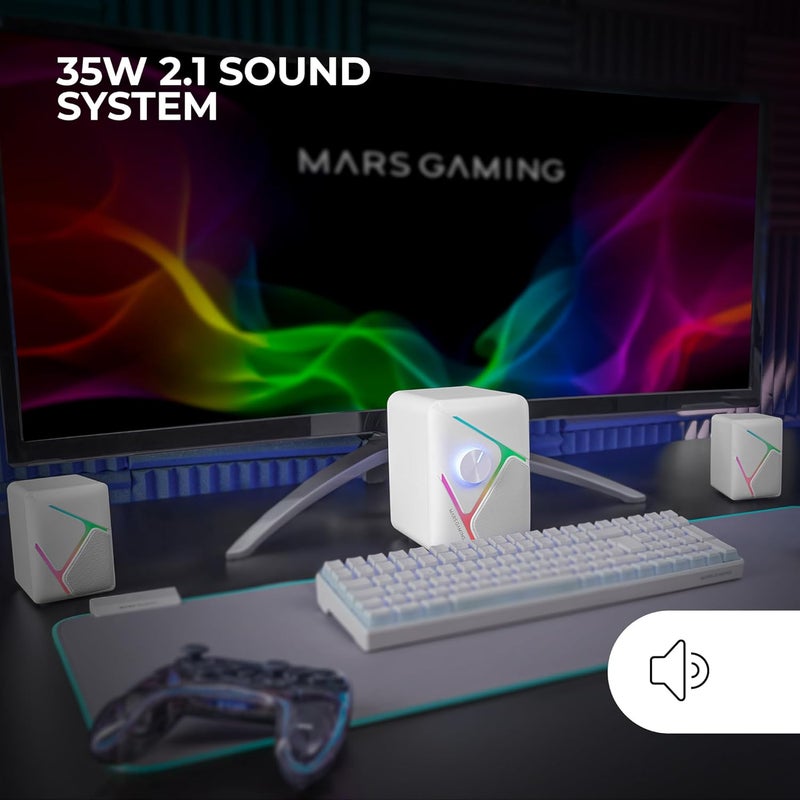 مارس_جيمنج Mars Gaming MS-H21، مكبرات صوت ألعاب RGB 2.1 ومضخم صوت بقوة 35 واط، نظام مشغلات مقلوبة محيطية ثلاثية الأبعاد، مكبرات صوت RGB مضغوطة ديناميكية، إمداد طاقة USB وموصل جاك 3.5 مم، أبيض - Image 2