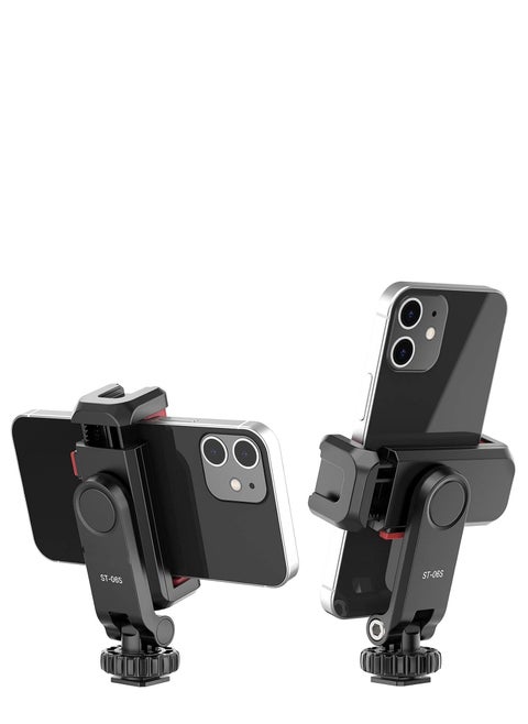 Phone Tripod Mount ST-06S, New Universal Smartphone Mount Adapter with 2 Cold Shoe, 360° Rotates Adjustable Cell Phone Clip Clamp Holder, Compatible with iPhone, Samsung Galaxy and All Phones