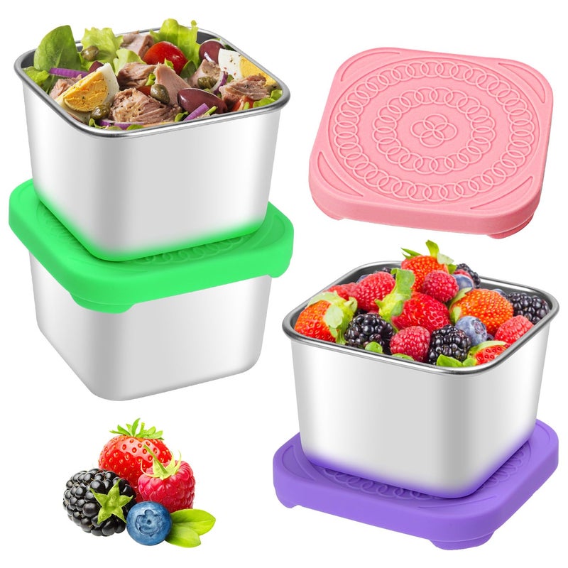 3pcs 6oz Stainless Steel Snack Containers with Silicone Lids  Leakproof Square 304 Steel Lunch Box for Travel  Office