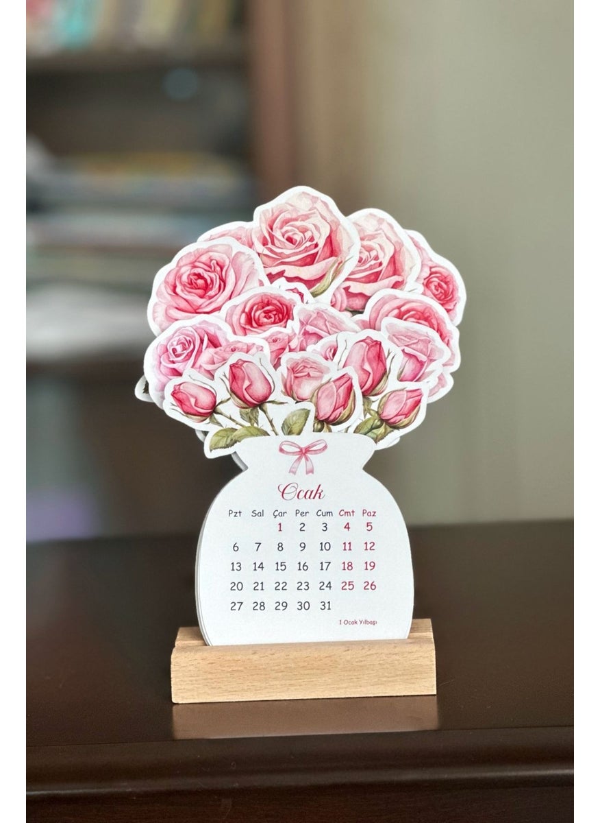 Sticker Ekspres - Sticker Express 2025 Wooden Stand Floral Special Design Calendar, 2025 Rose Calendar Desktop New Year's Gift - Image 1