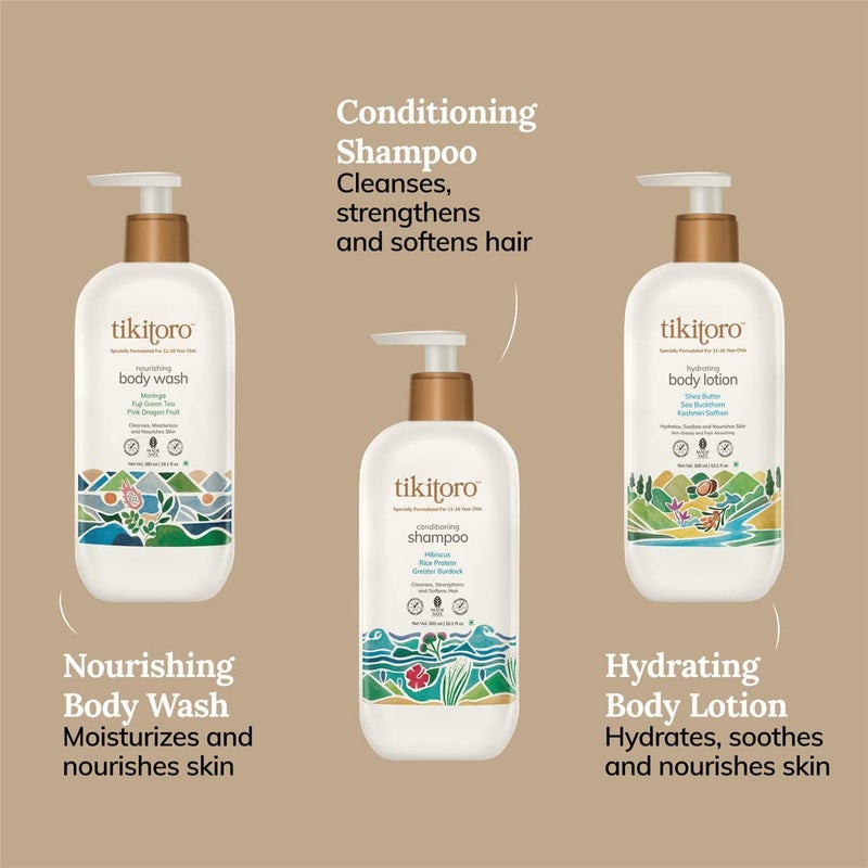 Tikitoro Teens Bath And Body Combo Offer Pack 300ml x 3 Nourishing Body Wash Conditioning Shampoo Hydrating Body Lotion Gift Pack For Teens 100 Vegan No Parabens Sulphates Age 11 Years - Image 2
