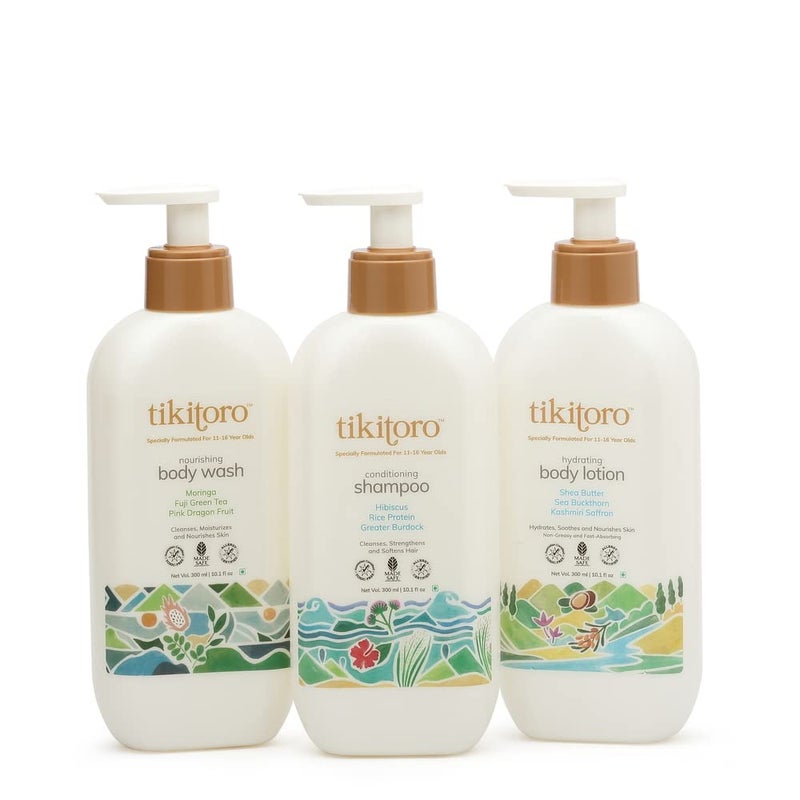 Tikitoro Teens Bath And Body Combo Offer Pack 300ml x 3 Nourishing Body Wash Conditioning Shampoo Hydrating Body Lotion Gift Pack For Teens 100 Vegan No Parabens Sulphates Age 11 Years - Image 1