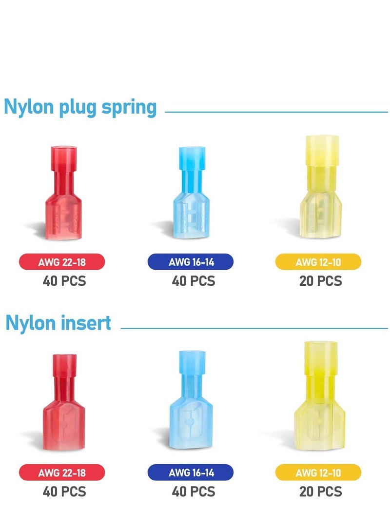 Zikra Nylon Spade Quick Disconnect Connectors Kit,  Electrical Insulated Terminals, Male and Female Spade Wire Crimp Terminal Assortment Kit, Resists Corrosion, 3 Colors 200 Pcs - Image 3