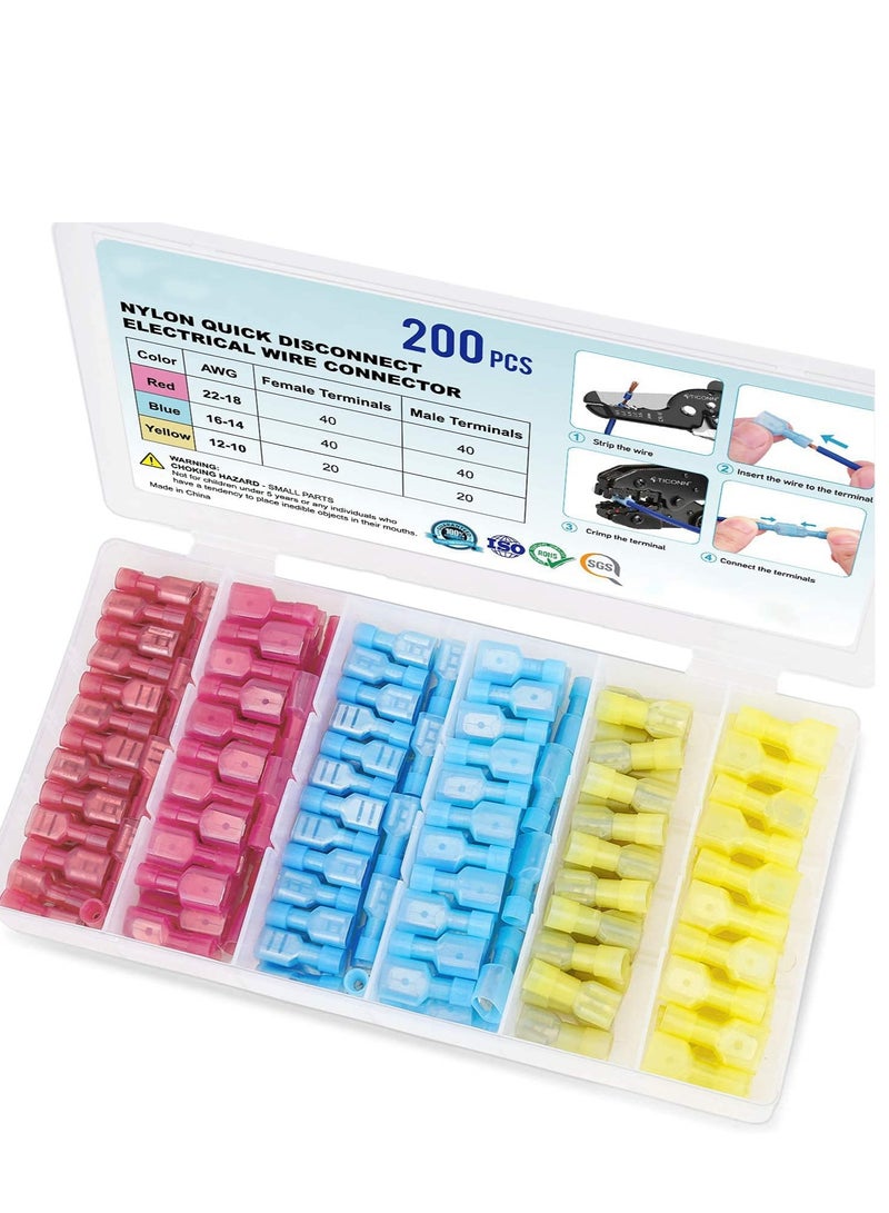 Zikra Nylon Spade Quick Disconnect Connectors Kit,  Electrical Insulated Terminals, Male and Female Spade Wire Crimp Terminal Assortment Kit, Resists Corrosion, 3 Colors 200 Pcs - Image 1
