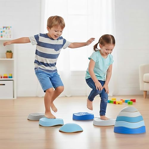 Special Supplies Stepping Stones for Kids 5 Balance Indoor and Outdoor Blocks Promote Coordination Balance Strength Child Safe Rubber NonSlip Edging Stackable Ocean - Image 1
