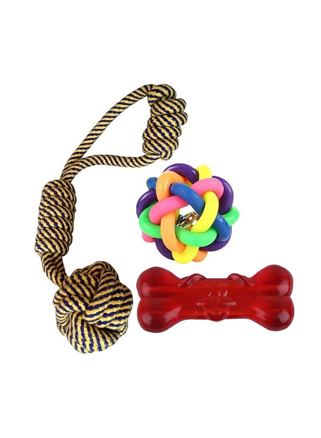 بت مجموعة من 3 ألعاب مضغ للكلاب من السلالات الصغيرة - لعبة حبل، كرة قوس قزح، عظمة - Image 1