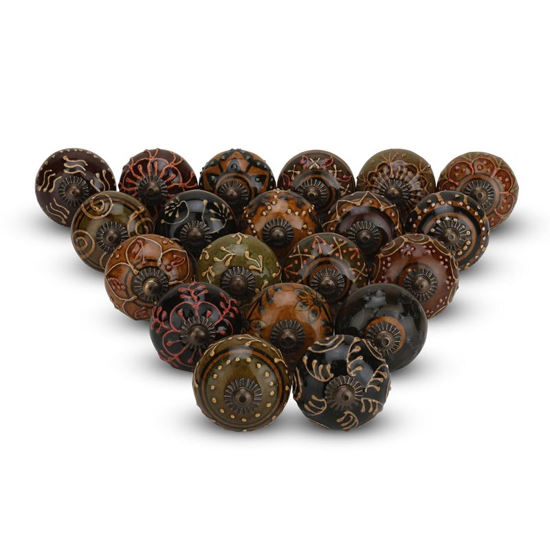 FURNISHFUL FINESSE FURNISHFUL FINESSE Ceramic Assorted Golden Print Knobs for Door Drawer Cabinet Cupboard Dresser Kitchen Furniture Hardware Wardrobe Pull Handle for Home Decor Pack of 25 Dark Brown  - Image 1