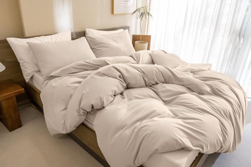 CozyTide King Size Comforter Set,Washed Cotton Boho Bedding Comforter Set Soft Lightweight Fluffy Aesthetic Bedding Set 3 Pieces(1 Beige Khaki Comforter and 2 Pillowcases) - Image 1