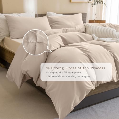 CozyTide King Size Comforter Set,Washed Cotton Boho Bedding Comforter Set Soft Lightweight Fluffy Aesthetic Bedding Set 3 Pieces(1 Beige Khaki Comforter and 2 Pillowcases) - Image 4