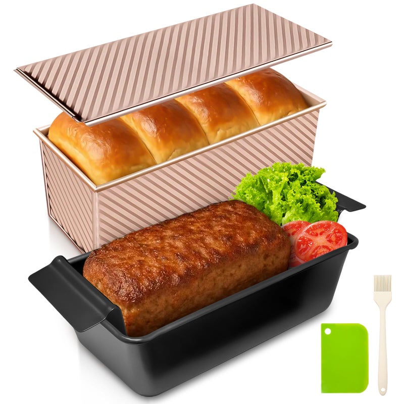 Dipanist Pullman Loaf Pan with Lid + Non-Stick Meatloaf Pan with Draining Insert, Carbon Steel Bakeware with Scraper & Brush, 2LB Baking Pans for Homemade Bread & Meatloaf - Image 1