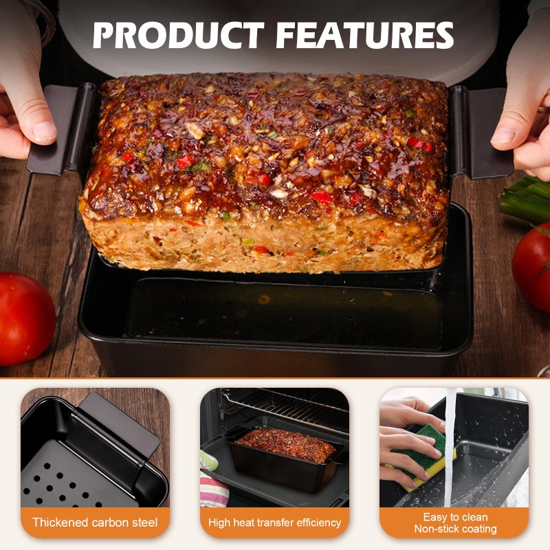 Dipanist Pullman Loaf Pan with Lid + Non-Stick Meatloaf Pan with Draining Insert, Carbon Steel Bakeware with Scraper & Brush, 2LB Baking Pans for Homemade Bread & Meatloaf - Image 4