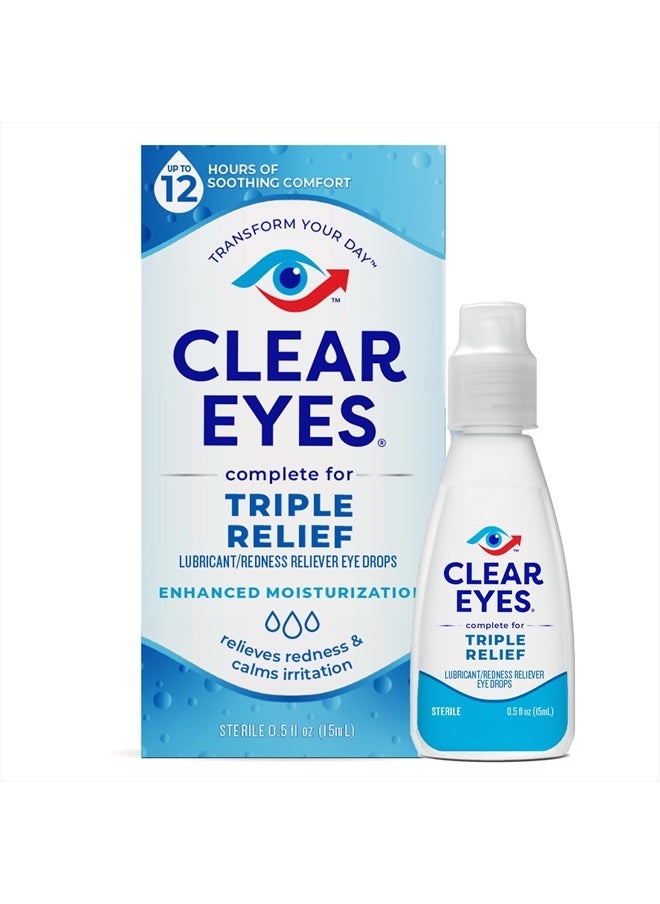 Clear Eyes Triple Relief Eye Drops, Relieves Redness & Calms Irritation, 0.5 Fl Oz  - Image 1