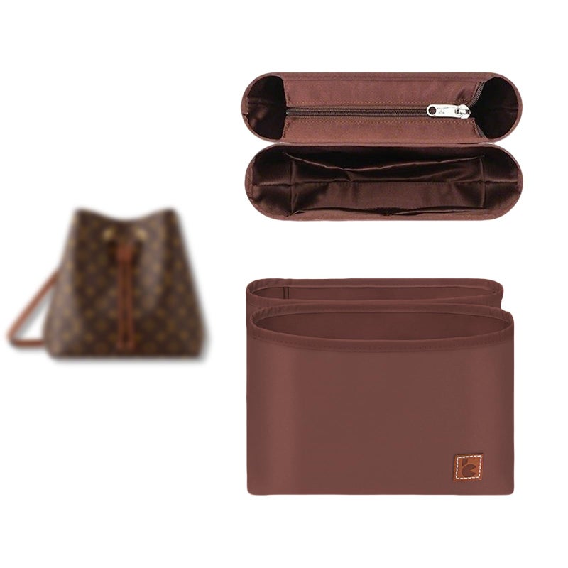 GIVLEFLY Satin Purse Organizer Insert for Neonoe Bucket Bag 2PCS Silky Handbag Liner with Zipper Pocket Structured Shaper with Multiple PocketsBrown - Image 3