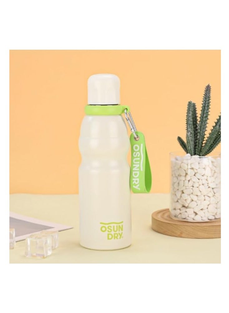 زجاجة ثيرموس معزولة من الستانلس ستيل بسعة 520 مل، للمشروبات الساخنة والباردة للمكتب والمنزل والمدرسة والسفر وصالة الالعاب الرياضية، هيكل من الستانلس ستيل محمولة بحبل مطاطي (اوف وايت) - Image 1