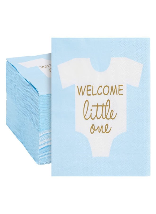 BLUE PANDA Baby Boy Shower Decorations - 5 x 5 In Light Blue & Gold Foil, 100 Pack Napkins - Welcome Little One Design Napkins for Baby Shower - Image 1